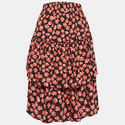 Ganni Black/red Floral Print Lindale Crepe Tiered Short Skirt In Pink