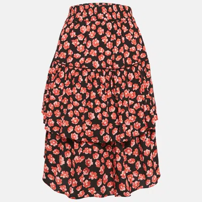 Pre-owned Ganni Black/red Floral Print Lindale Crepe Tiered Short Skirt L