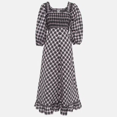 Pre-owned Ganni Black/sweet Lilac Checked Cotton Blend Smocked Seersucker Maxi Dress Xs