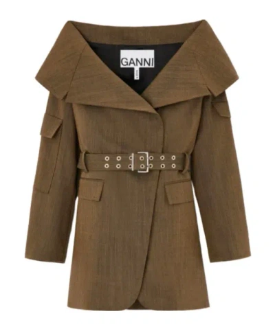Ganni Blazer In Brown Wool Melange
