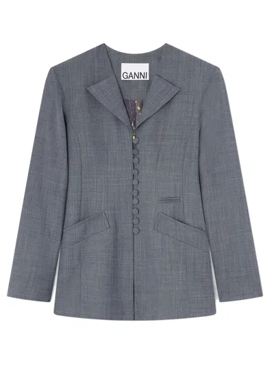 Ganni Blazer In Grey Wool In Gray