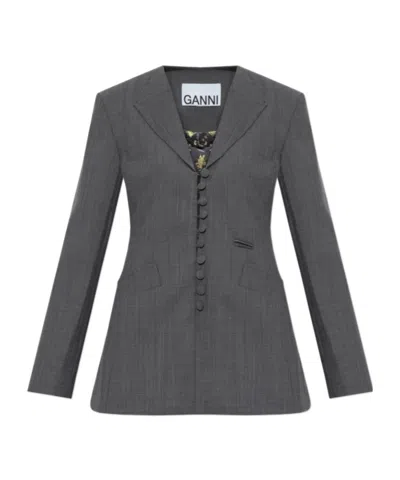 Ganni Blazer In Grey Wool Melange In Gray