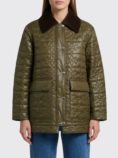 Ganni Shiny Quilt Midi Down Jacket In Green