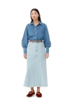 Ganni Pleated Denim Midi Skirt In Light Blue Stone