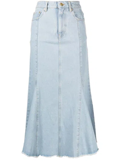 Ganni Bleach Denim Peplum Midi Skirt Clothing In Blue