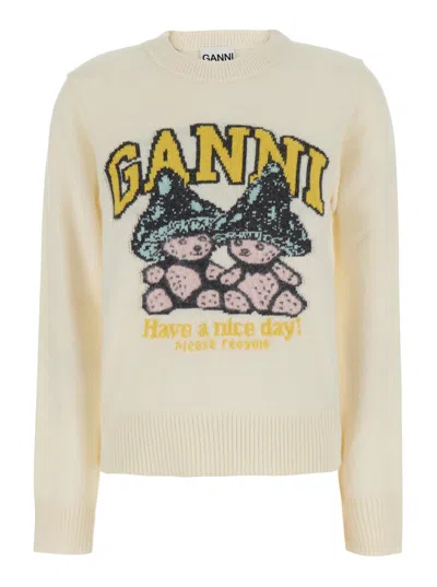 Ganni Blend Wool Crewneck Sweater With Maxi Front Graphic In Neutral