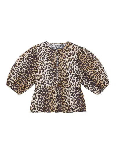 Ganni Leopard Cotton Shirt In Animal Print