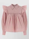 Ganni Blouse Collared Neck Long Sleeves Stripes Ruffles In Pink
