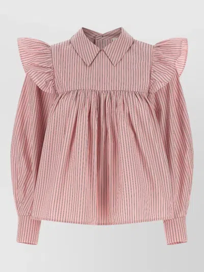 GANNI BLOUSE COLLARED NECK LONG SLEEVES STRIPES RUFFLES