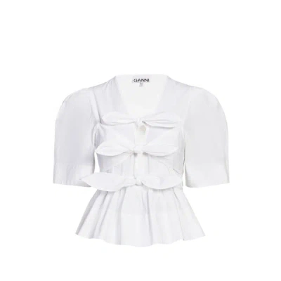 Ganni Crewneck Cotton Peplum Top Flounces In White