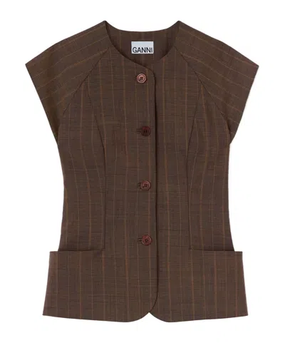 Ganni Blouse In Brown Pinstripe Wool