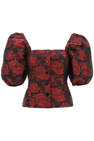 Ganni Red Botanical Jacquard Fitted Blouse In Multi-colored