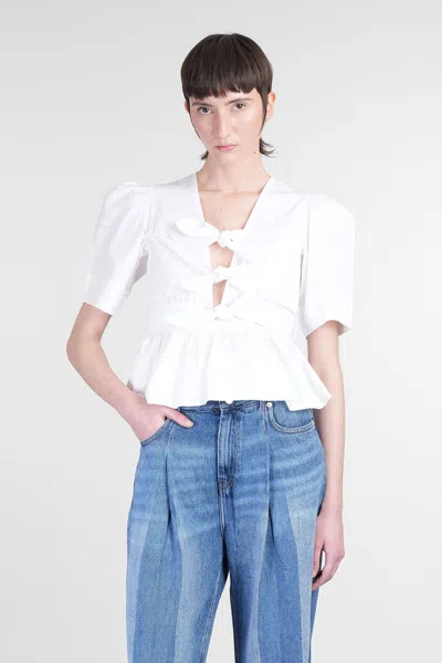 Ganni Crewneck Cotton Peplum Top Flounces In White