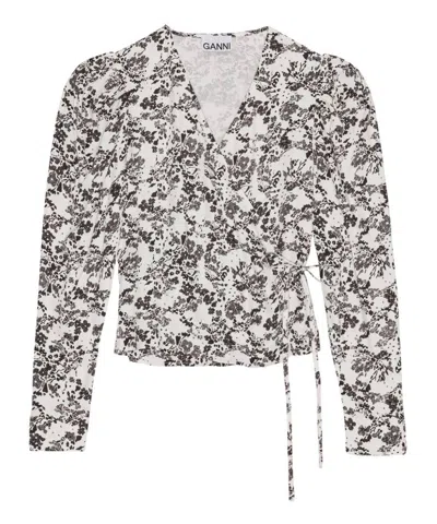 Ganni Floral-print Wrap Blouse In White