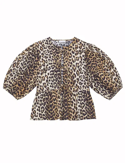 Ganni Women Leopard Cotton Poplin Peplum Tie Blouse In Animal Print
