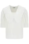 Ganni Blouse With Exaggerated Collar And Ruffle In Bright White (white)