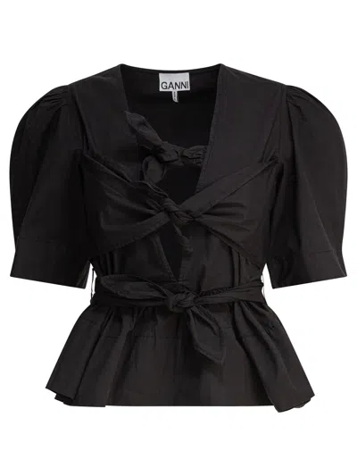 Ganni Cotton Top With Bow Detailing And Peplum Hem In Black