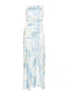 Ganni Ruched Asymmetric Printed Recycled-satin Midi Dress In Blue