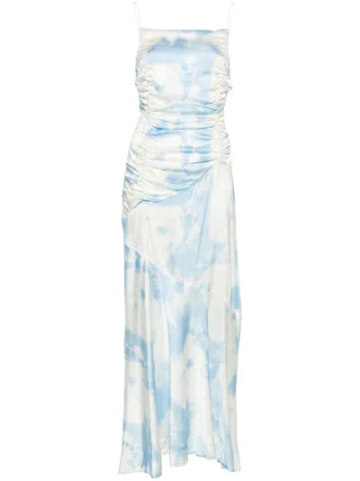 Ganni Ruched Asymmetric Printed Recycled-satin Midi Dress In Blue
