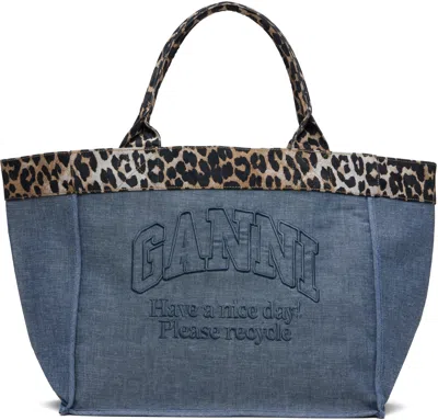 Ganni Blue & Beige Medium Trapeze Shopper Reversible Tote