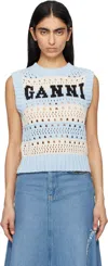 Ganni Openwork Striped Vest With Logo Inlay In 326 Soft Chambray