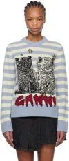 Ganni Light Blue Crewneck With Maxi Logo Print On The Front And All-over Striped Motif In 628 Illusion Blue