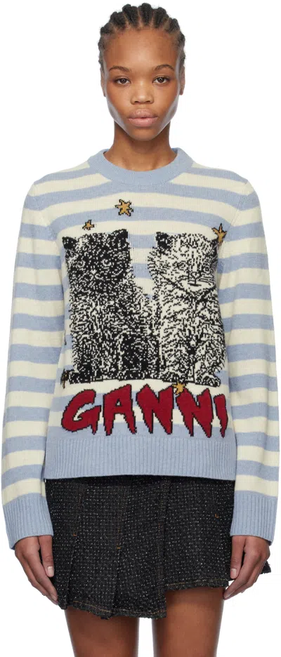 GANNI BLUE & WHITE STRIPED GRAPHIC CAT SWEATER