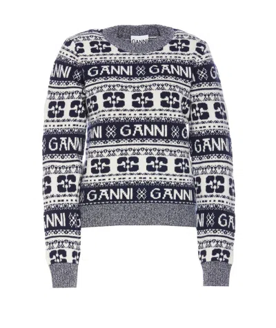 Ganni Blue And White Sweater With Jacquard Logo Motif In Wool Woman