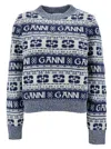 GANNI BLUE AND WHITE SWEATER WITH JACQUARD LOGO MOTIF IN WOOL WOMAN