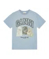 Ganni Light Blue Crewneck T-shirt With Maxi Logo On The Front In Blue