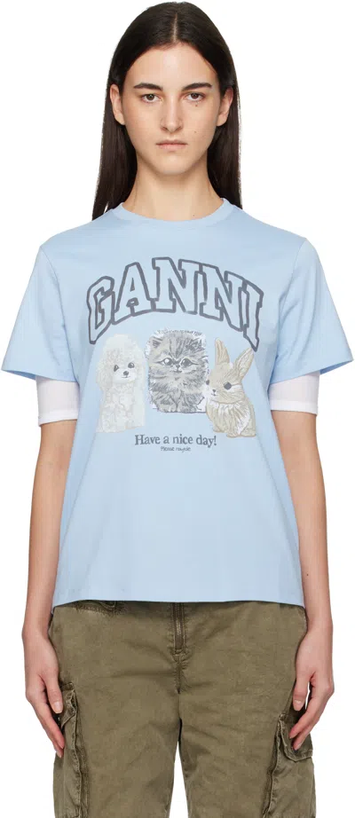 GANNI BLUE ANIMAL PRINT T-SHIRT