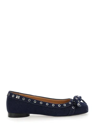 GANNI BLUE BALLET FLATS WITH EYELET DETAILS