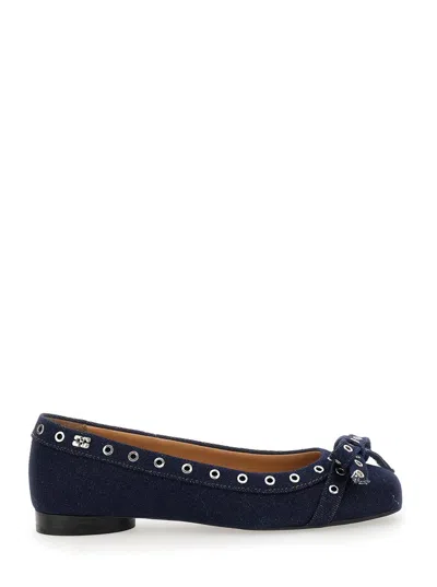 GANNI BLUE BALLET FLATS WITH EYELET DETAILS IN COTTON WOMAN