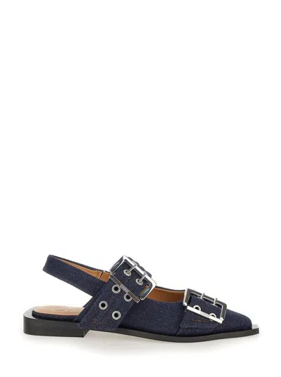 GANNI BLUE BALLET SHOES WITH DOUBLE BUCKLE
