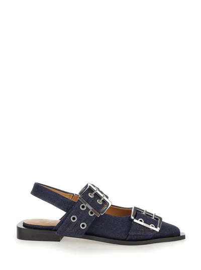 Ganni Blue Ballet Shoes With Double Buckle In Denim Woman