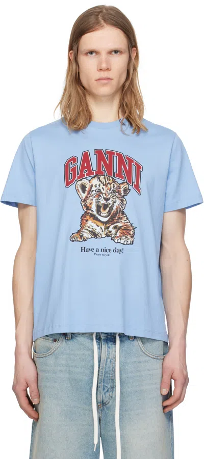 Ganni Blue Basic Jersey Tiger Relaxed T-shirt In Blissful Blue