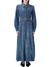 Ganni Blue Long Dress With Adjustable And Removable Waist Belt In Cotton Blend Woman
