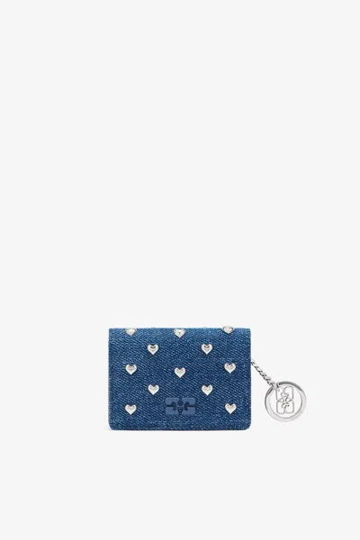 Ganni Blue Bou Card Holder With Flap Heart Studs
