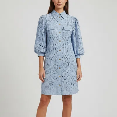 Pre-owned Ganni Blue Broderie Anglaise Balloon Sleeve Mini Shirt Dress S