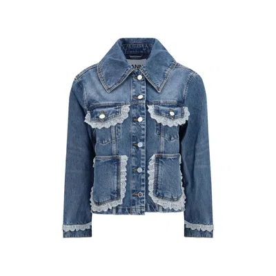 Ganni Rigid Denim Jacket With Lace Details In Blue