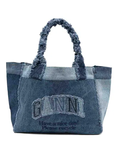 Ganni Blue Cotton Denim Shopping Bag With Logo