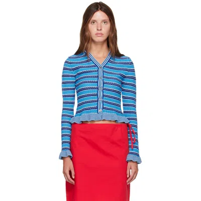 Ganni Blue Cotton Pointelle Stripe Cardigan In 591 Marina