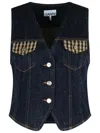 Ganni Neppy Checked Tweed-trimmed Organic Denim Vest In Blue