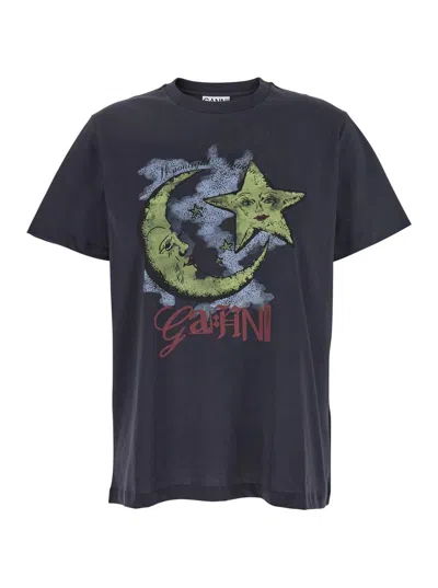GANNI BLUE CREWNECK T-SHIRT WITH MAXI LOGO PRINT ON THE FRONT IN COTTON MAN