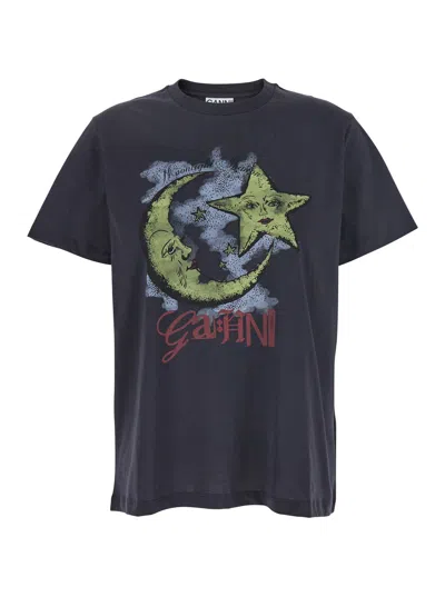 Ganni Blue Crewneck T-shirt With Maxi Logo Print On The Front In Cotton Man In Grey