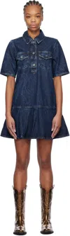Ganni Crinkled Future Denim Mini Dress In Blue