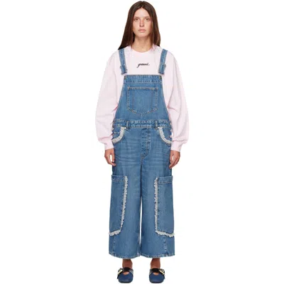 Ganni Blue Cropped Lace Rigid Denim Overalls In 569 Dark Blue Vintag
