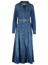 Ganni Blue Long Dress With Adjustable And Removable Waist Belt In Cotton Blend Woman In Blue