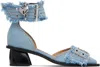 Ganni Blue Denim Feminine Buckle Open Cut Heels In 928 Faded Denim