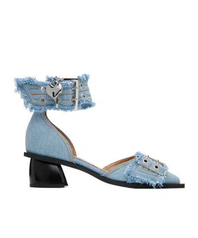 Ganni Blue Denim Feminine Buckle Open Cut Pumps